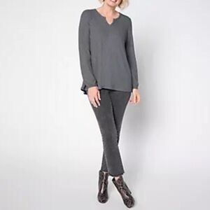 Denim & Co. Regular Shimmer Waffle Split Neck A-Line Tunic Charcoal L A668620